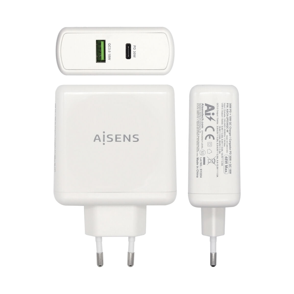 USB Wall Charger Aisens ASCH-2PD30QC-W 48 W White USB-C