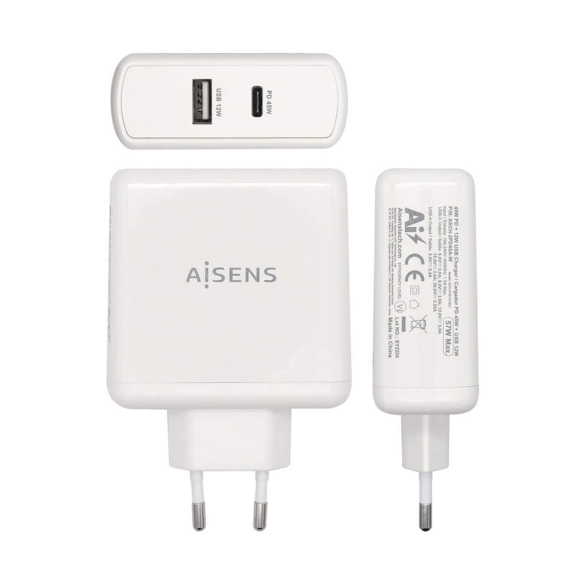 USB Wall Charger Aisens ASCH-2PD45A-W 57 W White USB-C