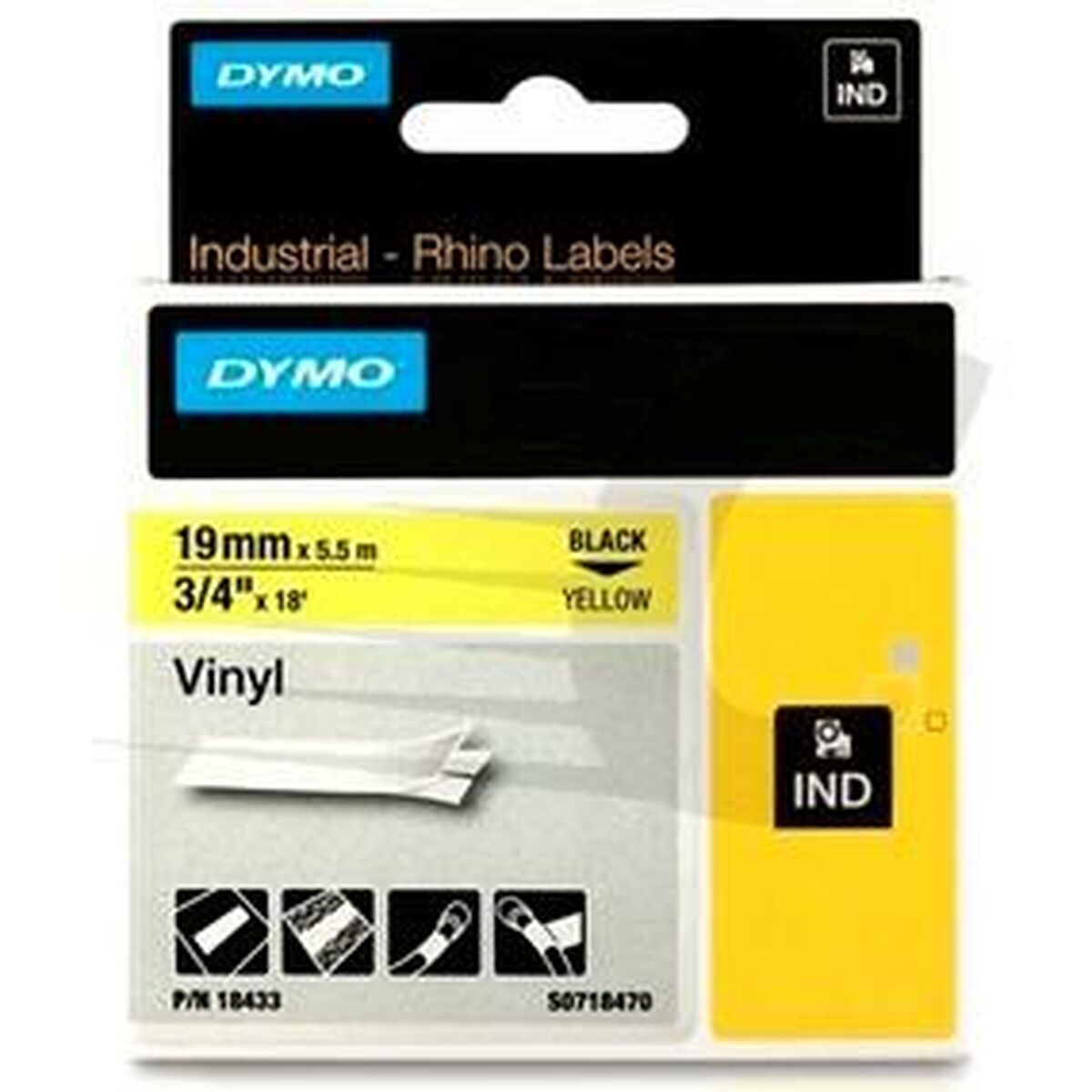 Laminated Tape for Labelling Machines Rhino Dymo ID1-19 19 x 3,5 mm Black Yellow Self-adhesives (5 Units)